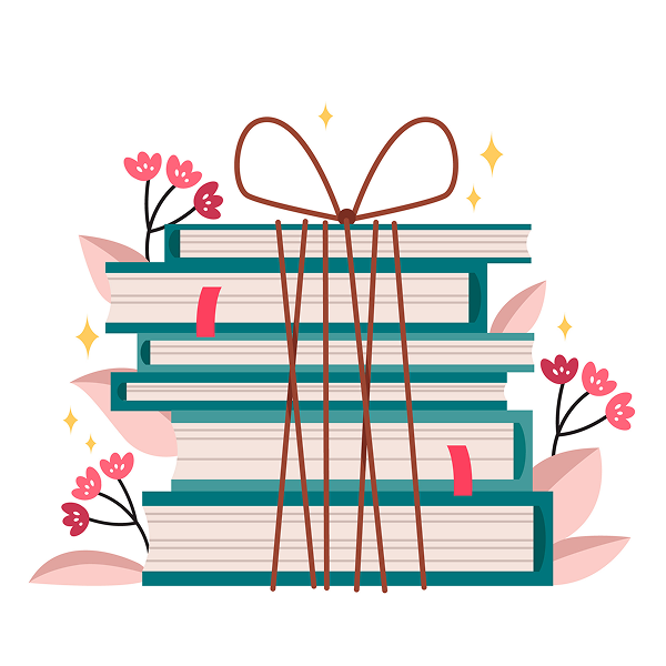 Dans cette illustration poétique, une imposante pile de livres est soigneusement empilée au centre. Les ouvrages, de tailles différentes, partagent tous une élégante couverture de couleur bleu-vert ou turquoise. Leurs pages claires laissent entrevoir deux petits marque-pages d'un rouge vif qui dépassent délicatement. L'ensemble de la pile est entouré et maintenu par une fine cordelette marron nouée avec soin. Au sommet de l'édifice de papier, cette ficelle forme une grande boucle légère en forme de nœud. Tout autour de ce trésor littéraire, des éléments végétaux viennent adoucir et habiller subtilement la scène. Des tiges fines portant de petites fleurs d'un rose éclatant s'élèvent gracieusement de chaque côté. De grandes feuilles aux nuances de rose pastel se déploient en arrière-plan pour apporter du relief. De petites étoiles et des étincelles dorées scintillent ici et là, ajoutant une touche de magie. Ce visuel chaleureux célèbre à merveille le plaisir d'offrir, la lecture et l'amour des beaux livres.