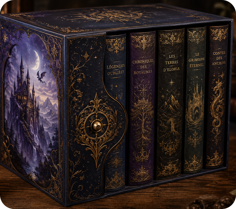 Box de livre violet avec une image de châteaux sur le coter.