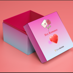 Dans cette présentation commerciale sur fond rose corail, une boîte cadeau ouverte dévoile son couvercle. Le contenant carré arbore sur ses parois extérieures un dégradé allant du bleu clair au rose vif. L'intérieur de cette boîte se pare d'une teinte fuchsia intense qui renforce son aspect chaleureux. Posé de biais juste à côté, le couvercle reprend le même élégant dégradé de couleurs pastel. Sur la partie supérieure du couvercle, on distingue une enveloppe blanche scellée d'un petit cœur rouge. Cette douce lettre d'amour est accompagnée d'une rose rouge à la tige verte finement dessinée. Au centre, l'inscription thématique « Box Romance » est fièrement calligraphiée dans un ton rouge. Juste en dessous, un grand cœur rouge en relief et à l'aspect brillant capte immédiatement l'attention. Dans le coin inférieur droit, la signature de la marque « LivreAccess » appose son logo distinctif. L'ensemble de ce visuel soigné évoque avec tendresse l'univers des romans d'amour et de la passion.
