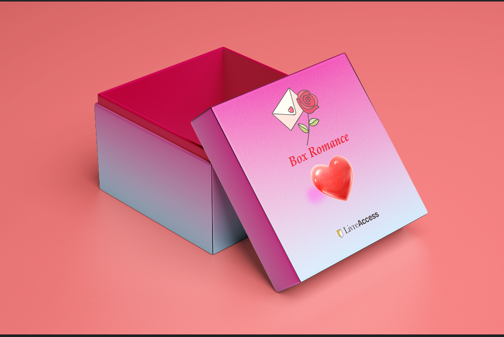 Dans cette présentation commerciale sur fond rose corail, une boîte cadeau ouverte dévoile son couvercle. Le contenant carré arbore sur ses parois extérieures un dégradé allant du bleu clair au rose vif. L'intérieur de cette boîte se pare d'une teinte fuchsia intense qui renforce son aspect chaleureux. Posé de biais juste à côté, le couvercle reprend le même élégant dégradé de couleurs pastel. Sur la partie supérieure du couvercle, on distingue une enveloppe blanche scellée d'un petit cœur rouge. Cette douce lettre d'amour est accompagnée d'une rose rouge à la tige verte finement dessinée. Au centre, l'inscription thématique « Box Romance » est fièrement calligraphiée dans un ton rouge. Juste en dessous, un grand cœur rouge en relief et à l'aspect brillant capte immédiatement l'attention. Dans le coin inférieur droit, la signature de la marque « LivreAccess » appose son logo distinctif. L'ensemble de ce visuel soigné évoque avec tendresse l'univers des romans d'amour et de la passion.