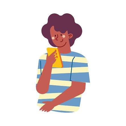 L’image représente une illustration simple et moderne d’un jeune homme. Il a les cheveux bouclés et un visage souriant et détendu. Il porte un t-shirt à rayures horizontales bleues et blanches. Le personnage tient un téléphone jaune près de son visage. On dirait qu’il est en train de lire un message ou de réfléchir. Son autre bras est posé calmement vers le bas de son corps. Le fond est blanc, ce qui met en valeur le personnage principal. Le style graphique est plat, coloré et minimaliste. L’expression du visage évoque la concentration et la bonne humeur. L’ensemble donne une impression de moment simple et quotidien.