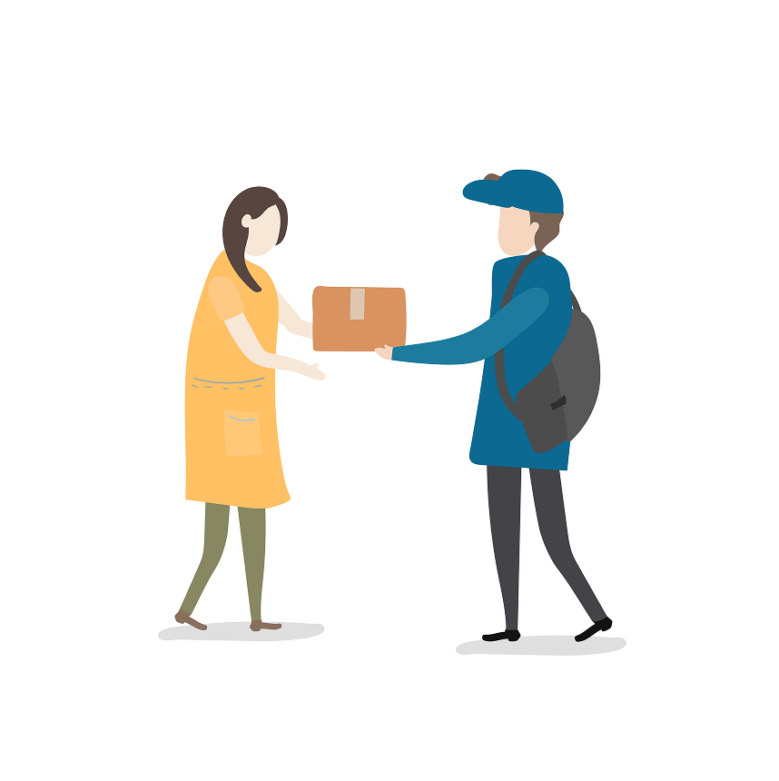 Dans cette illustration épurée sur fond blanc, deux personnages sans visage partagent un instant du quotidien. À droite, un livreur vêtu d'une veste et d'une casquette bleues s'avance d'un pas dynamique vers sa cliente. Il porte un grand sac à dos gris en bandoulière et tend soigneusement un colis en carton marron fermé. Face à lui, sur la gauche, une femme aux longs cheveux bruns se tient debout pour recevoir sa livraison. Elle est habillée d'une robe ou d'une blouse jaune orangé dotée d'une poche et porte un pantalon vert. Les silhouettes adoptent un style graphique minimaliste avec des aplats de couleurs douces et bien définies. Les bras des deux protagonistes se rejoignent au centre du visuel pour soutenir la boîte rectangulaire. De légères ombres grises sont dessinées au sol sous leurs pieds pour ancrer subtilement les personnages. L'ensemble de la composition évoque de manière simple et moderne le concept du service de livraison à domicile. L'atmosphère générale qui se dégage de cette scène est à la fois calme, efficace, fluide et très contemporaine.
