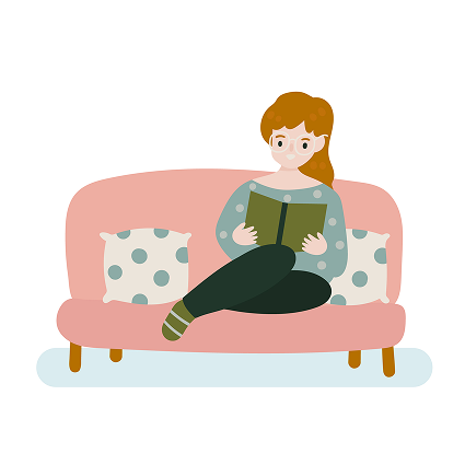 Dans cette illustration au style doux et réconfortant, une jeune femme profite d'un moment de calme. Elle est confortablement installée au milieu d'un joli canapé rose pastel aux petites jambes en bois. Ses cheveux châtain clair ou roux sont attachés vers l'arrière, dégageant un visage serein et souriant. Elle porte de grandes lunettes rondes et se concentre pleinement sur la lecture d'un livre ouvert. Ce dernier, qu'elle tient délicatement à deux mains, arbore une couverture d'un vert olive uni. Vêtue d'un haut gris-bleu parsemé de pois blancs, elle porte également un pantalon très sombre. Ses jambes sont croisées de manière décontractée, laissant apparaître une chaussette à rayures vertes. De chaque côté d'elle, deux coussins blancs à gros pois assortis décorent et rembourrent le sofa. Une légère nuance bleu clair dessine au sol une forme de tapis discret sous le meuble en bois. Toute la scène respire une atmosphère paisible, propice à la détente et à l'évasion littéraire.